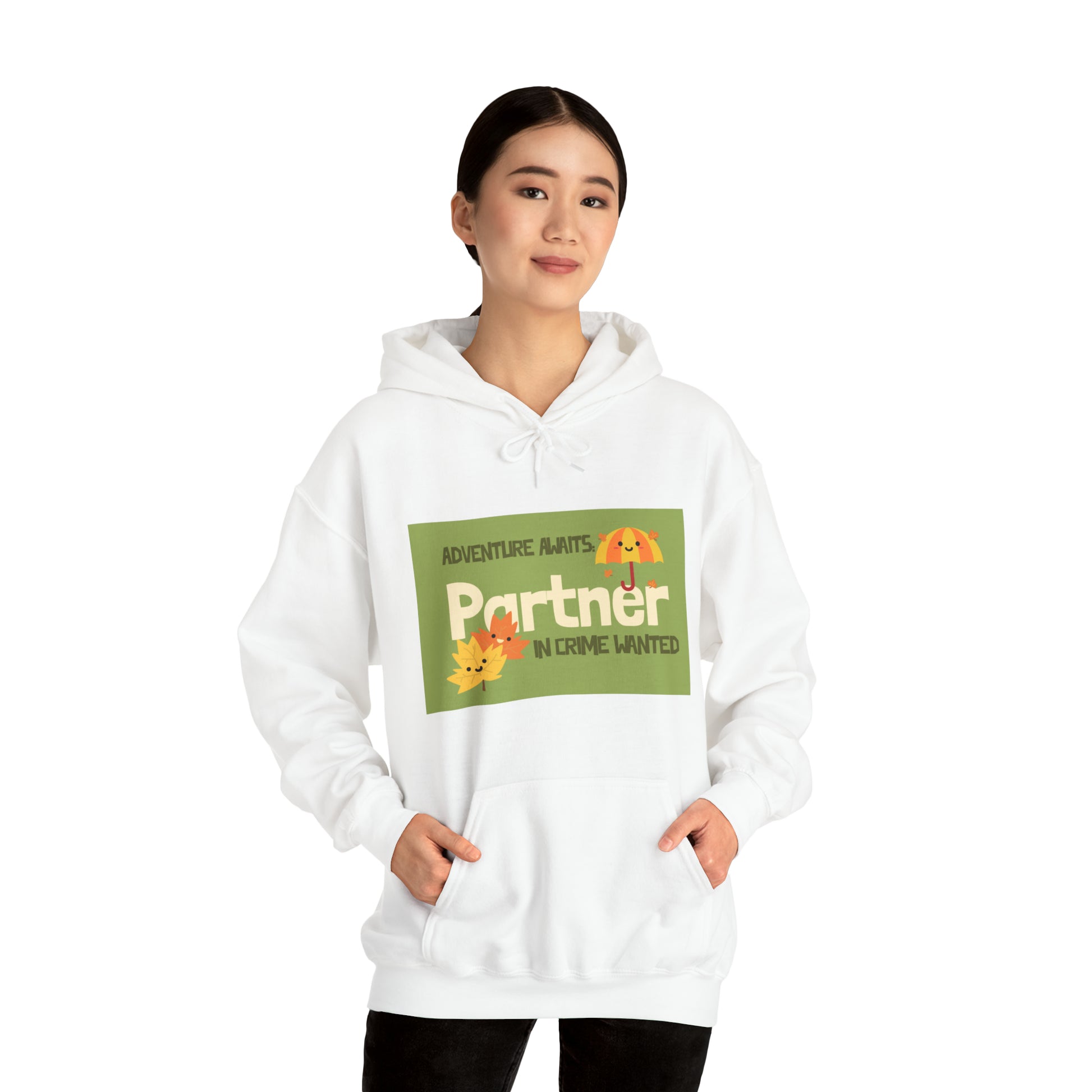 White sweatshirt with "Adventure Awaits Partner In Crime Wanted" wording