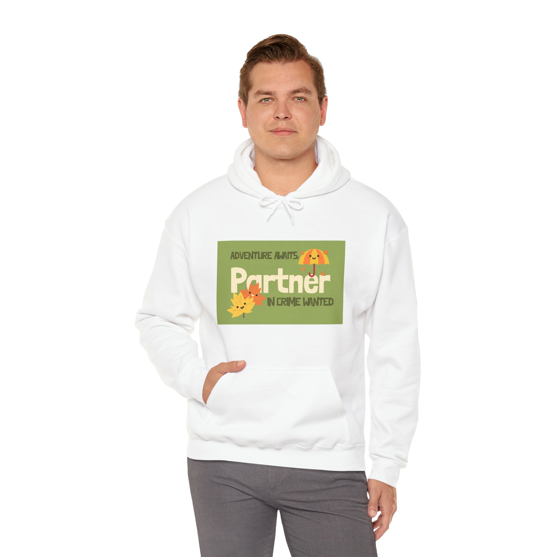 White sweatshirt with "Adventure Awaits Partner In Crime Wanted" wording