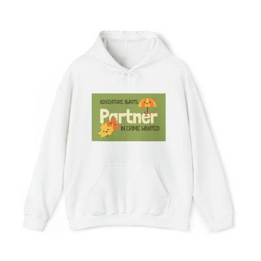 White sweatshirt with "Adventure Awaits Partner In Crime Wanted" wording